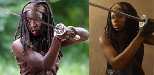 A split screen with actress Danai Gurira who plays Michonne on The Walking Dead.